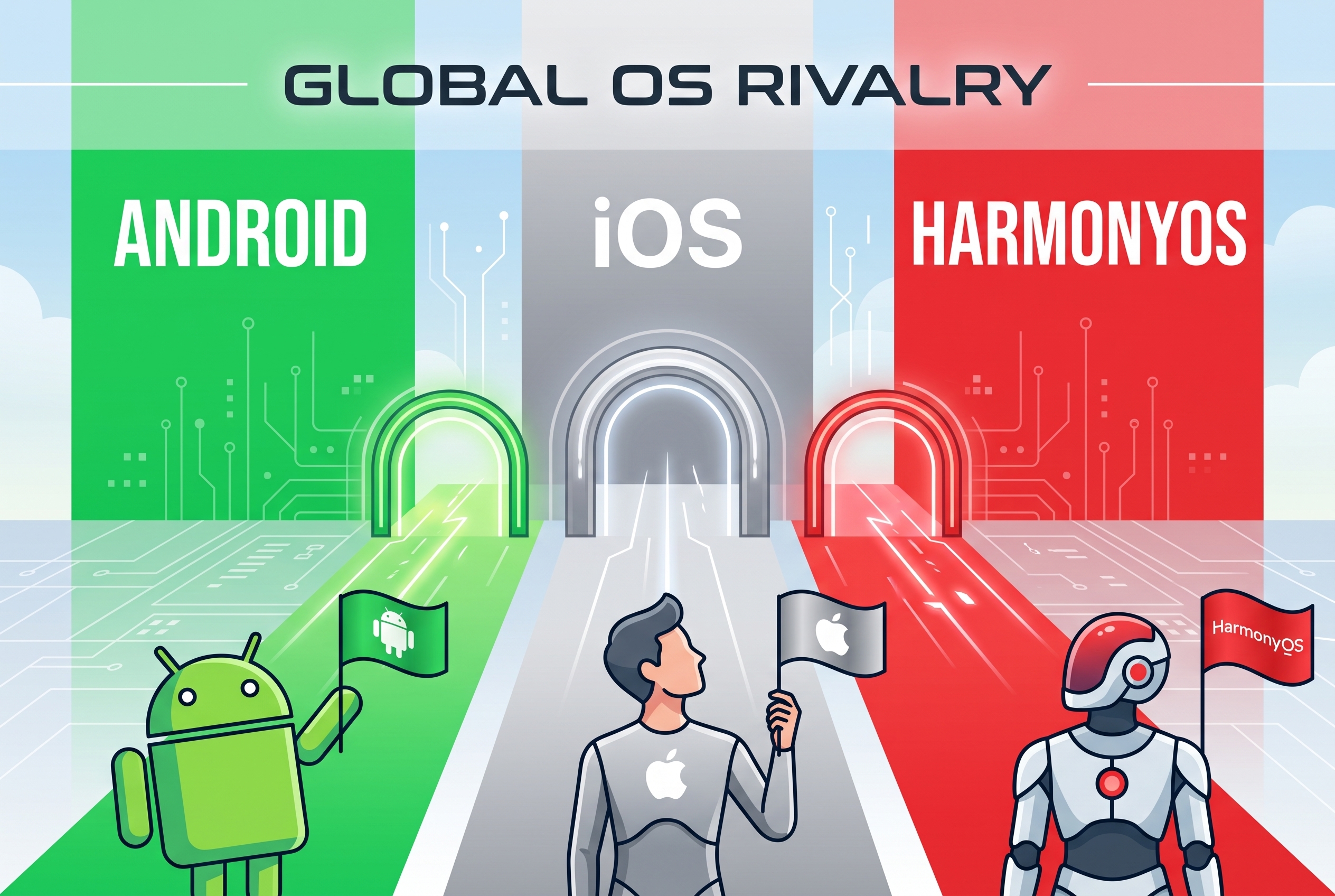Ilustrasi persaingan OS smartphone, Android vs iOS vs HarmonyOS.(Ilustrasi dibuat dengan AI/KOMPAS.com)