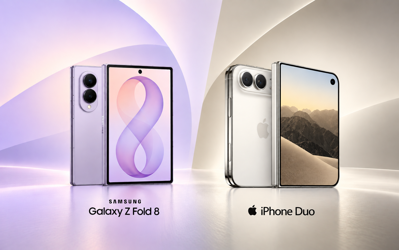 Ilustrasi Samsung Galaxy Z Fold 8 dan iPhone Duo. (KOMPAS.com/PUT)