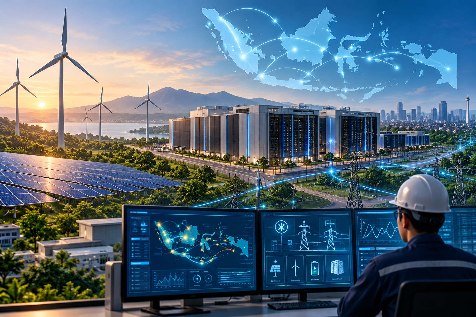 Ilustrasi jaringan listrik di Indonesia di tengah era AI dan energi terbarukan.(Dibuat dengan AI | KOMPAS.com/PUT)