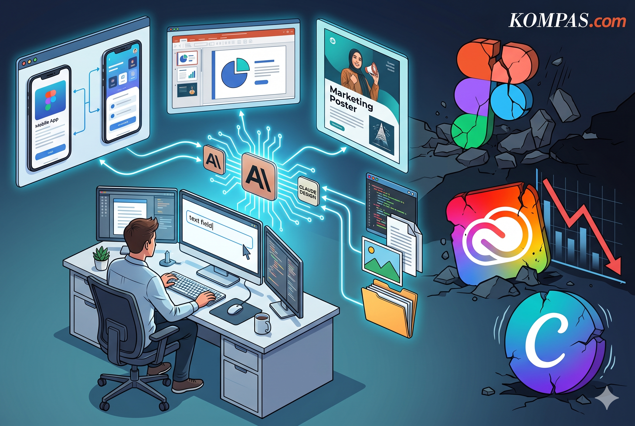 Ilustrasi Anthropic Design siap menjadi pesaing Adobe, Figma, dan Canva.(Ilustrasi dibuat dengan AI.)