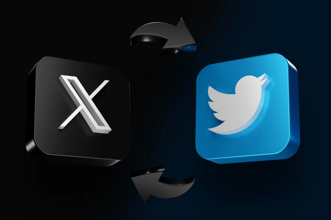 Ilustrasi logo lama Twitter (kanan) yang berbentuk burung biru dan logo baru X (kiri). (PC Mag)